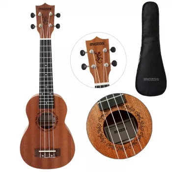 MOZOS GECKO Soprano Ukulele rinkinys - natūrali mediena, 12 griovelių, nailoninės stygos, komplekte krepšys, derintuvas, plektrai, diržas, atsarginės stygos, valymo šluostė