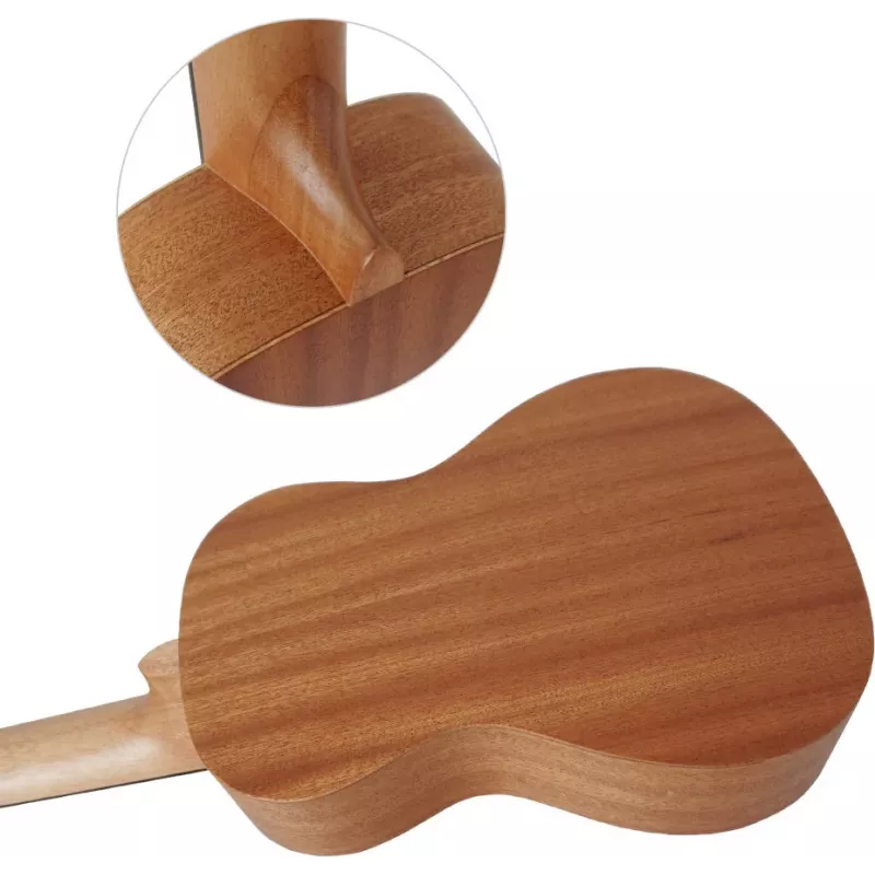 MOZOS GECKO Soprano Ukulele rinkinys - natūrali mediena, 12 griovelių, nailoninės stygos, komplekte krepšys, derintuvas, plektrai, diržas, atsarginės stygos, valymo šluostė