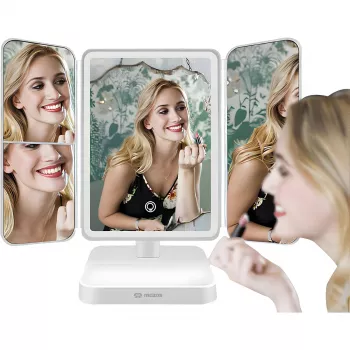 MOZOS ML10X LED Makeup Mirror su 10x padidinimu, 3 spalvų režimais, nuolatiniu reguliavimu, 360° sukimu, įkraunamas per USB-C, baltas