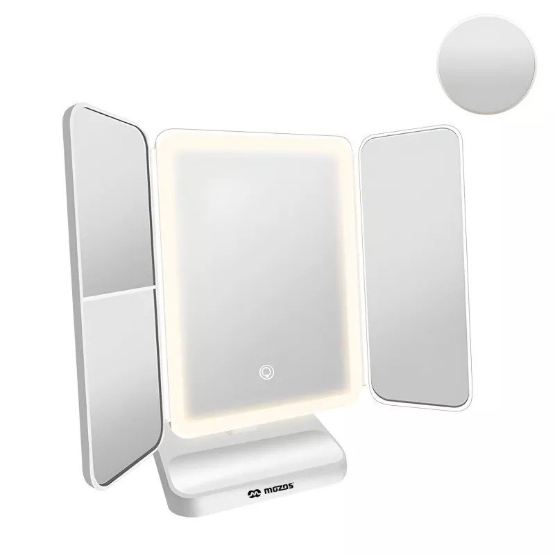 MOZOS ML10X LED Makeup Mirror su 10x padidinimu, 3 spalvų režimais, nuolatiniu reguliavimu, 360° sukimu, įkraunamas per USB-C, baltas
