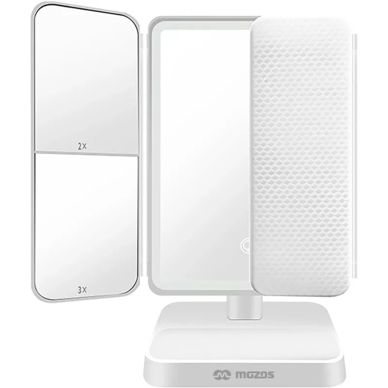 MOZOS ML10X LED Makeup Mirror su 10x padidinimu, 3 spalvų režimais, nuolatiniu reguliavimu, 360° sukimu, įkraunamas per USB-C, baltas