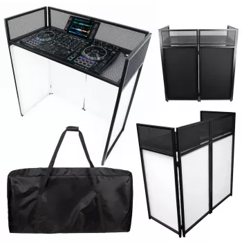 MOZOS EPDJ-100 DJ Booth Facade su stalu – didelis ekranas, baltas skydelis, juodas rėmas