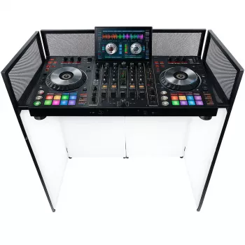 MOZOS EPDJ-100 DJ Booth Facade su stalu – didelis ekranas, baltas skydelis, juodas rėmas