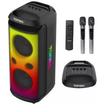TONSIL Party Dance 1600 nešiojamas Bluetooth kolonėlių garsiakalbis su LED šviesomis, karaoke, 1600W PMPO, 80W RMS, 10 inch žemų dažnių garsiakalbiu, TWS, FM radiju, mikrofonu ir nuotolinio valdymo pulteliu