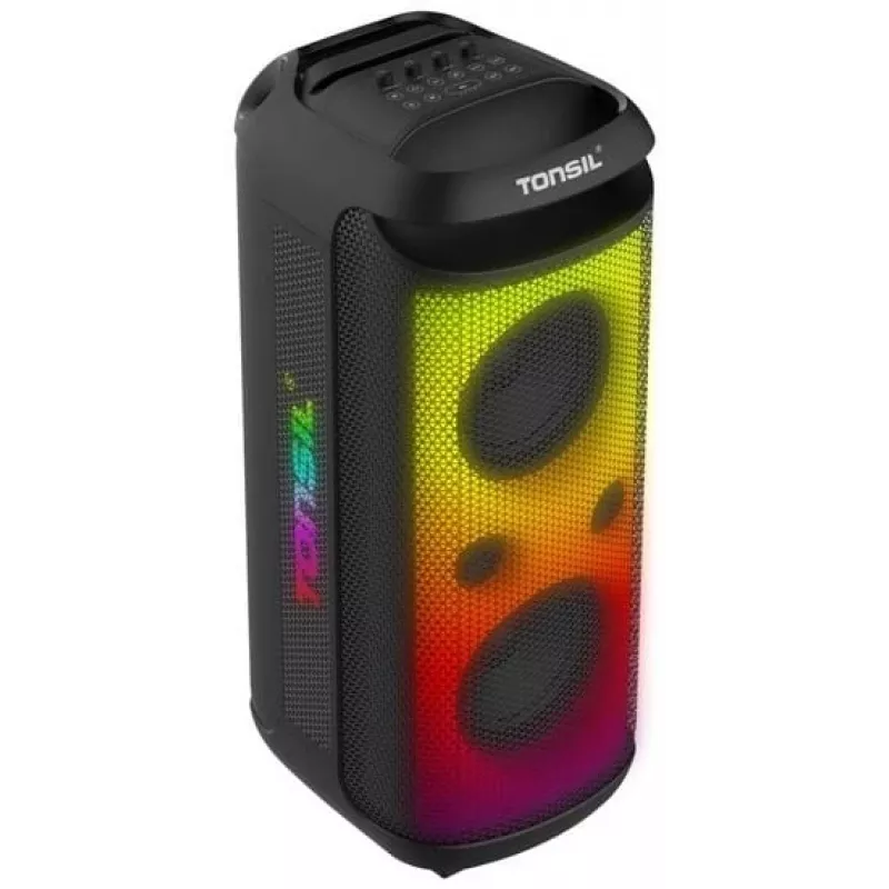 TONSIL Party Dance 1600 nešiojamas Bluetooth kolonėlių garsiakalbis su LED šviesomis, karaoke, 1600W PMPO, 80W RMS, 10 inch žemų dažnių garsiakalbiu, TWS, FM radiju, mikrofonu ir nuotolinio valdymo pulteliu