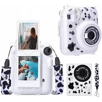 LOVEINSTANT Dėklas, skirtas Fujifilm Instax Mini 12 su lipdukais – karvės raštas