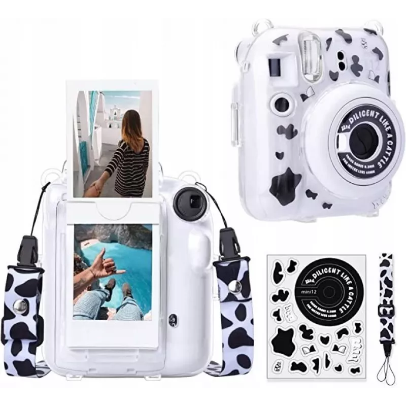 LOVEINSTANT Dėklas, skirtas Fujifilm Instax Mini 12 su lipdukais – karvės raštas