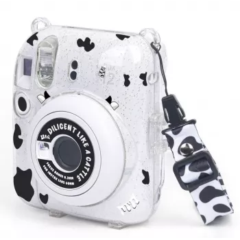LOVEINSTANT Dėklas, skirtas Fujifilm Instax Mini 12 – karvės raštas su blizgučiais, lipdukais ir nuotraukų kišene