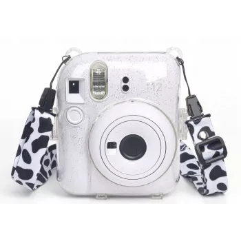 LOVEINSTANT Dėklas, skirtas Fujifilm Instax Mini 12 – karvės raštas su blizgučiais, lipdukais ir nuotraukų kišene