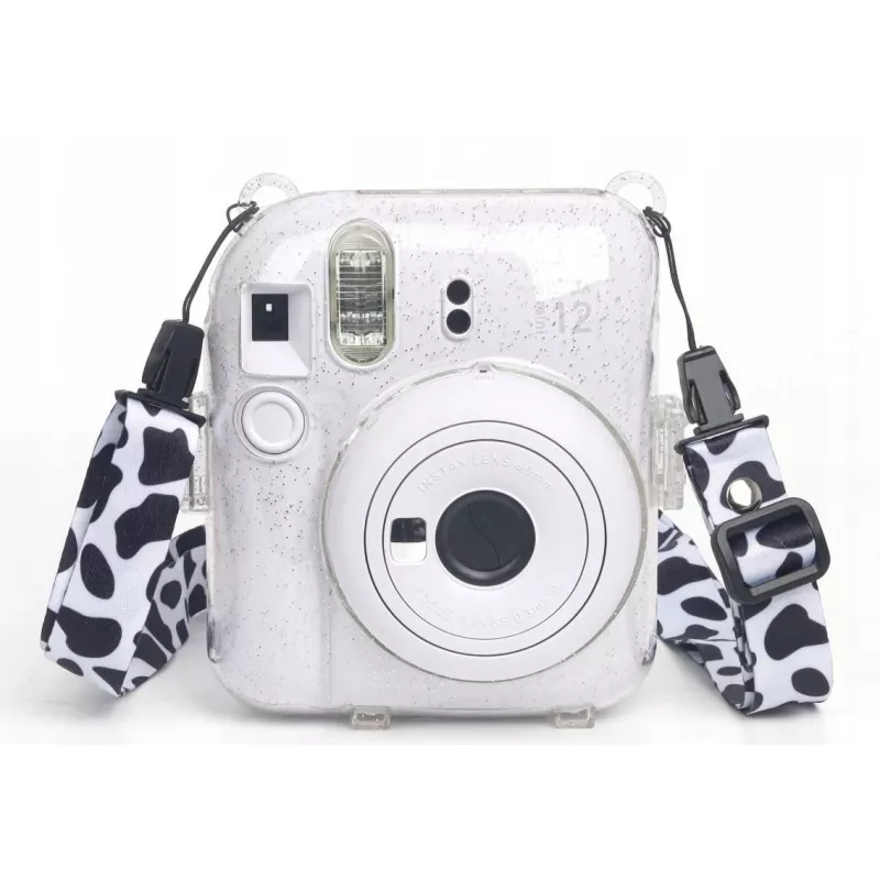 LOVEINSTANT Dėklas, skirtas Fujifilm Instax Mini 12 – karvės raštas su blizgučiais, lipdukais ir nuotraukų kišene