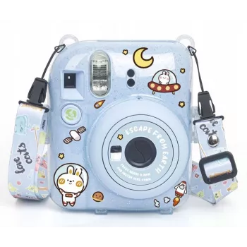 LOVEINSTANT apsauginis dėklas, skirtas Fujifilm Instax Mini 12 – Escape From Earth, mėlynas su blizgučiais, lipdukais ir nuotraukų kišene