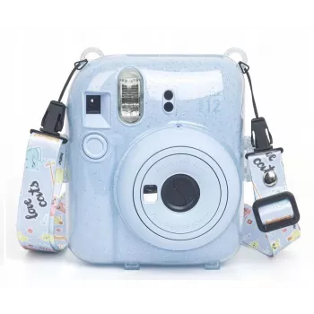 LOVEINSTANT apsauginis dėklas, skirtas Fujifilm Instax Mini 12 – Escape From Earth, mėlynas su blizgučiais, lipdukais ir nuotraukų kišene