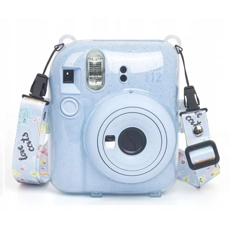 LOVEINSTANT apsauginis dėklas, skirtas Fujifilm Instax Mini 12 – Escape From Earth, mėlynas su blizgučiais, lipdukais ir nuotraukų kišene