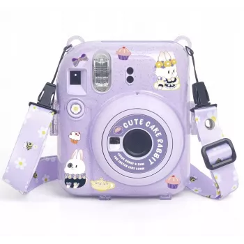 LOVEINSTANT apsauginis dėklas, skirtas Fujifilm Instax Mini 12 – Sweet Rabbit dizainas, purpurinis su blizgučiais, su lipdukais ir nuotraukų kišene