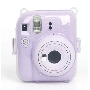 LOVEINSTANT apsauginis dėklas, skirtas Fujifilm Instax Mini 12 – Sweet Rabbit dizainas, purpurinis su blizgučiais, su lipdukais ir nuotraukų kišene