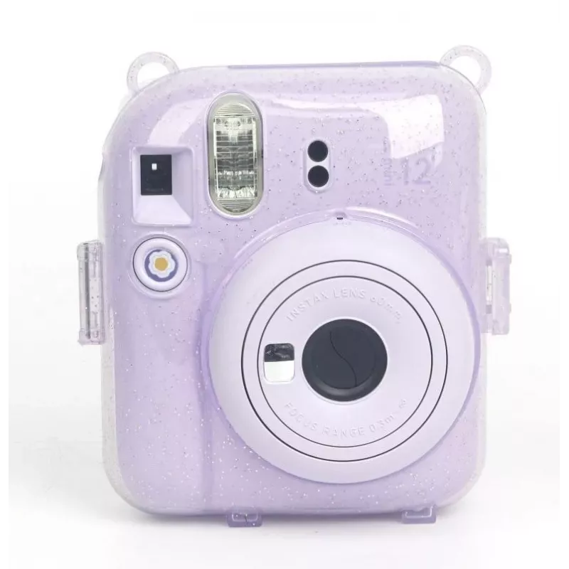 LOVEINSTANT apsauginis dėklas, skirtas Fujifilm Instax Mini 12 – Sweet Rabbit dizainas, purpurinis su blizgučiais, su lipdukais ir nuotraukų kišene