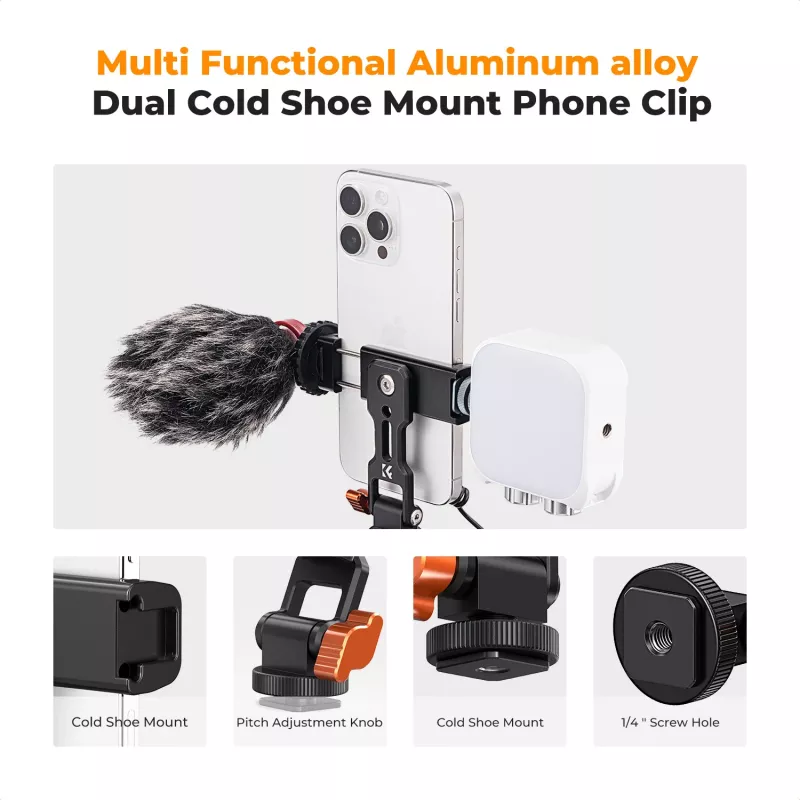 K&F Concept KF31.094 MS18 išmaniojo telefono laikiklis trikojui – 360° sukamas metalinis telefono laikiklis su 1/4 inch sriegiu, Arca-Swiss pagrindu ir Cold Shoe lizdu, juodas