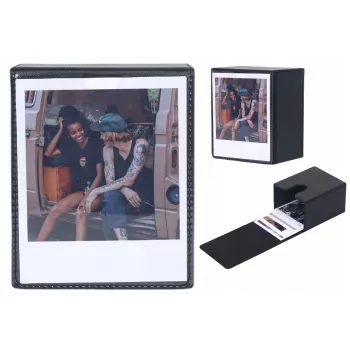 LOVEINSTANT dėžutė 100 nuotraukų laikymui – suderinama su Fuji Instax Wide, Square, Polaroid 600, Now – juoda su peržiūros langu