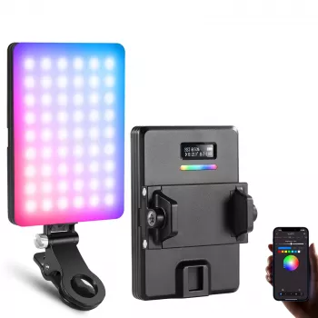 NEEWER VL67C RGB LED vaizdo šviesa 5W su telefono laikikliu ir „Bluetooth“ programėlės valdymu
