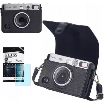 LOVEINSTANT 2-in-1 Protective Case and Tempered Glass Screen Protector Kit for Fujifilm Instax Mini Evo - Black