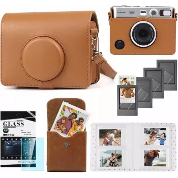 LOVEINSTANT 5-in-1 rinkinys: apsauginis dėklas + grūdintas stiklas + 64 kišenių fotoalbumas + fotokrepšys + rėmeliai, skirta Fuji Instax Mini Evo, ruda