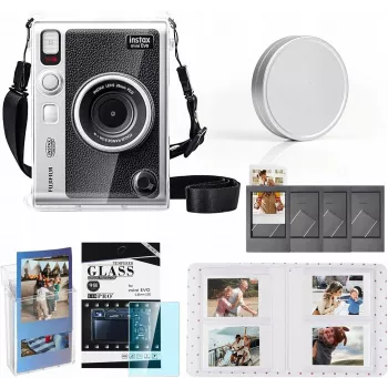 LOVEINSTANT 6-in-1 rinkinys: Skaidrus kietas dėklas + Grūdinto stiklo ekrano apsauga + 64 kišenių fotoalbumas + Objektyvo dangtelis + Nuotraukų rėmeliai + Peties dirželis, skirta Fujifilm Instax Mini Evo