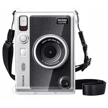 LOVEINSTANT 6-in-1 rinkinys: Skaidrus kietas dėklas + Grūdinto stiklo ekrano apsauga + 64 kišenių fotoalbumas + Objektyvo dangtelis + Nuotraukų rėmeliai + Peties dirželis, skirta Fujifilm Instax Mini Evo