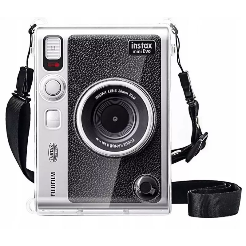 LOVEINSTANT 6-in-1 rinkinys: Skaidrus kietas dėklas + Grūdinto stiklo ekrano apsauga + 64 kišenių fotoalbumas + Objektyvo dangtelis + Nuotraukų rėmeliai + Peties dirželis, skirta Fujifilm Instax Mini Evo