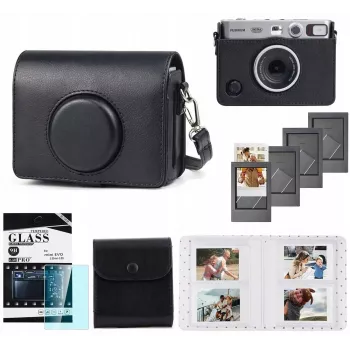 LOVEINSTANT 5-in-1 rinkinys: Dėklas + Grūdintas stiklas + 64-kišenių albumas + Laikiklis nuotraukoms + Rėmeliai, skirtas Fuji Instax Mini Evo / Juoda