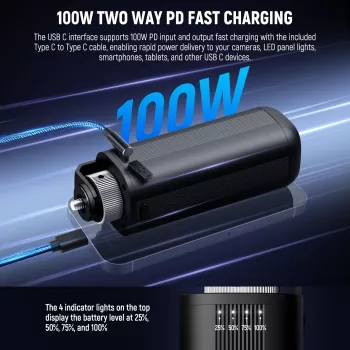 NEEWER PH74E Power Bank Grip 100W, skirtas COB LED lempoms su USB-C ir DC išėjimais