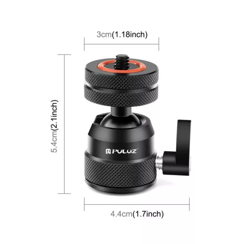 PULUZ rutulinė galvutė PU1057B su 1/4 inch sriegiu, 2x cold shoe, iki 3 kg