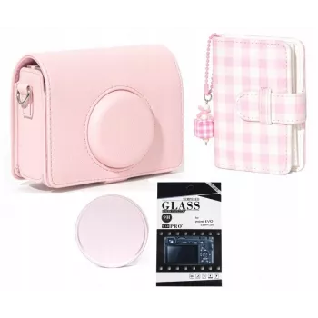 LOVEINSTANT 4-in-1 komplektas: dėklas, fotoalbumas, LCD apsauginis stikliukas ir objektyvo gaubtelis, skirta Fujifilm Instax Mini Evo - rožinė