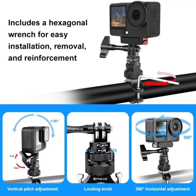 PULUZ PU796B 360° vairo laikiklis motociklui/dviratiui, skirtas GoPro SJCAM Xiaomi DJI