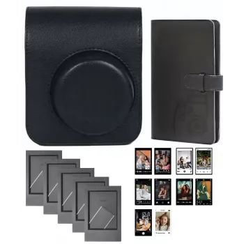 LOVEINSTANT 4-in-1 Accessory Bundle, Fujifilm Instax Mini 41 – juodas dėklas, albumas, rėmeliai ir lipdukai
