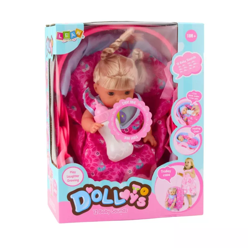 LEAN TOYS lėlė-kūdikis nešynėje, buteliukas, čiulptukas, kalba, burbuliuoja, šlapinasi