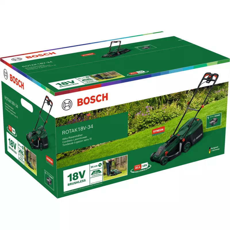 Belaidis žoliapjovė Bosch Rotak 18V-34 su starterio rinkiniu ir mulčiavimo kištuku (C)