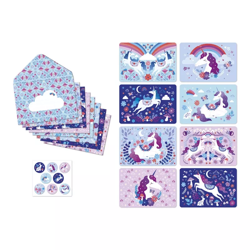 Janod Dreamland Unicorn Stationery Set 40 Pieces - Invitations, Thank You Cards, Envelopes, Stickers, Pen