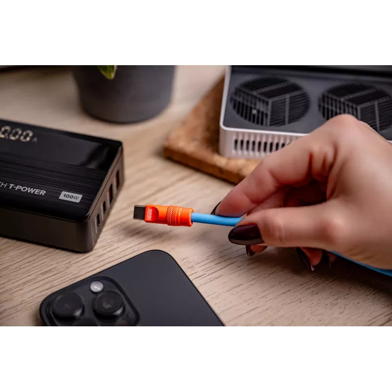 Newell USB-C į USB-C laidas 100W 1,5m Silikoninis spiralinis Mėlyna-Orinžinė