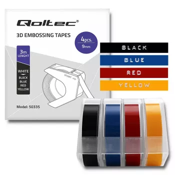 Qoltec Embossavimo Juostų Rinkinys 4 vnt., skirtas DYMO Omega | 9 mm x 3 m | 4 spalvos | Lipnios