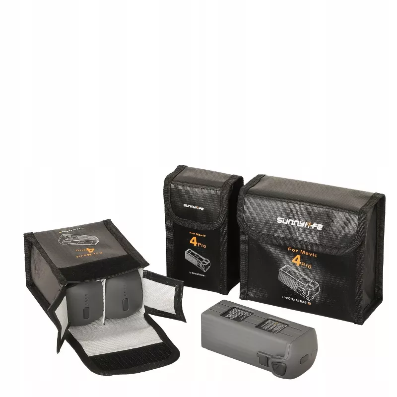 SUNNYLIFE Ugniai atsparus baterijų laikymo maišelis, skirtas DJI Mavic 4 Pro, talpina 2 baterijas, juodas