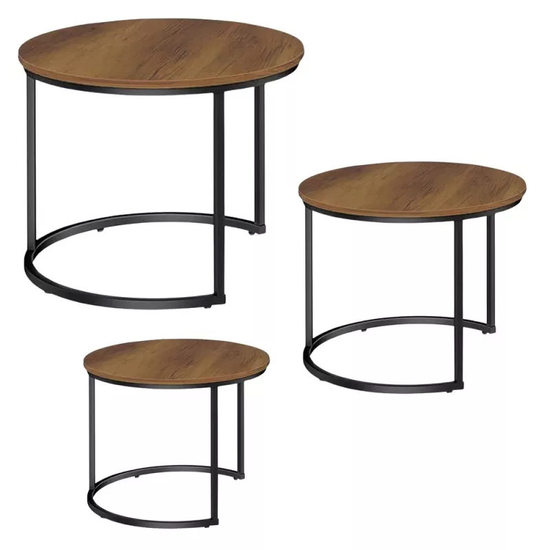 LEAN 3-in-1 apvalių kavos staliukų rinkinys Vintage Natural Wood 51cm 40cm 30cm