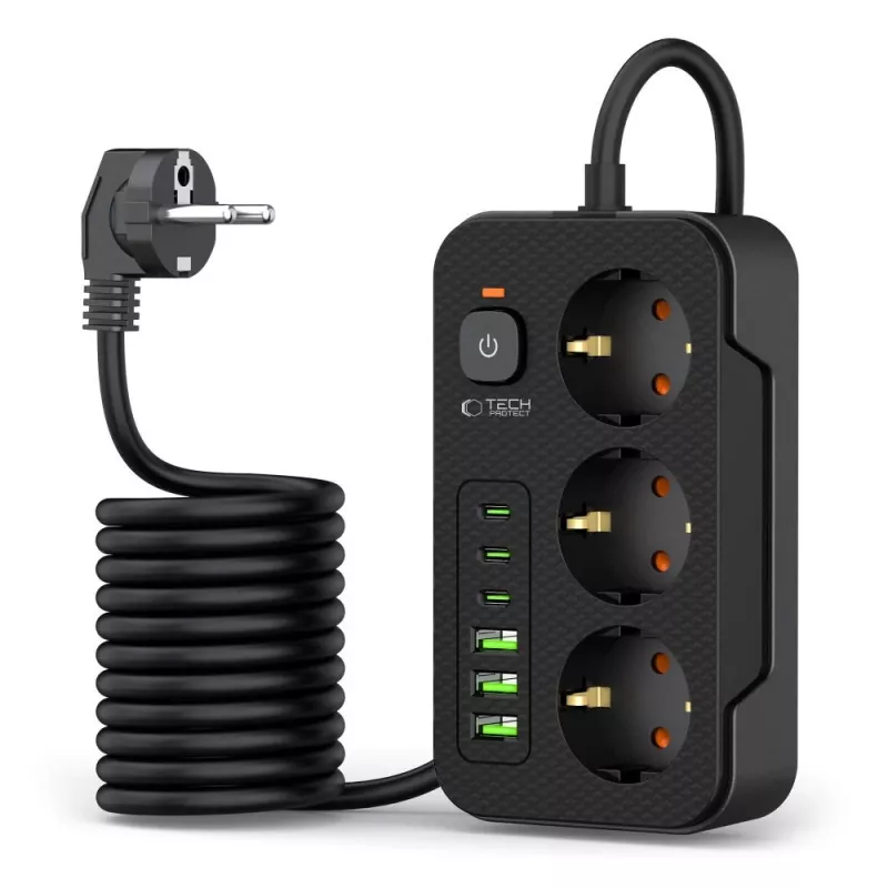 TECH-PROTECT PC3X6 Power Socket 3 USB & 3 Type-C & 3 Socket 200cm Black