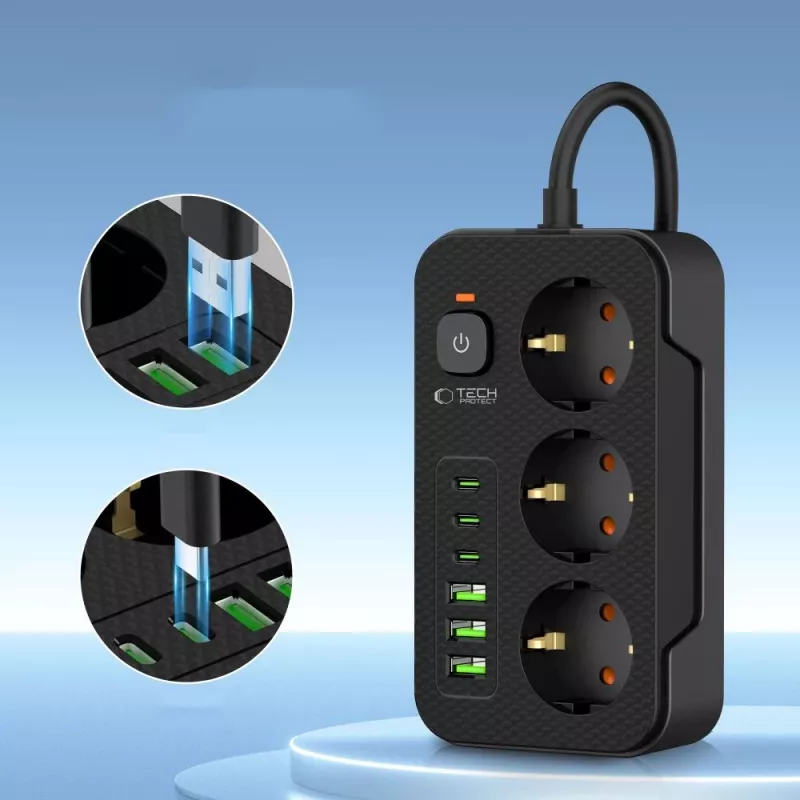 TECH-PROTECT PC3X6 Power Socket 3 USB & 3 Type-C & 3 Socket 200cm Black