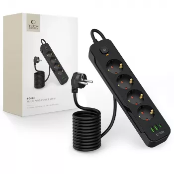 TECH-PROTECT PCL4X3 ilginamasis laidas su 2 USB ir 1 Type-C bei 4 kištukiniais lizdais, 200 cm, juodas