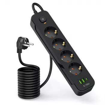 TECH-PROTECT PCL4X3 ilginamasis laidas su 2 USB ir 1 Type-C bei 4 kištukiniais lizdais, 200 cm, juodas