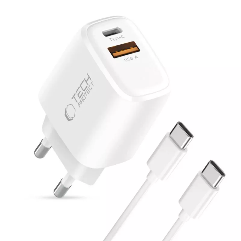 TECH-PROTECT NCA30 2-Port Network Charger PD 30W / QC3.0 + Type-C Cable White