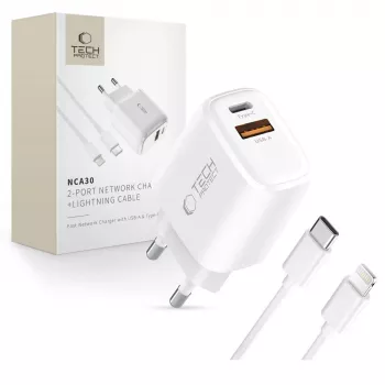 TECH-PROTECT NCA30 2-Port Network Charger PD 30W / QC3.0 + Lightning Cable White