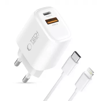 TECH-PROTECT NCA30 2-Port Network Charger PD 30W / QC3.0 + Lightning Cable White