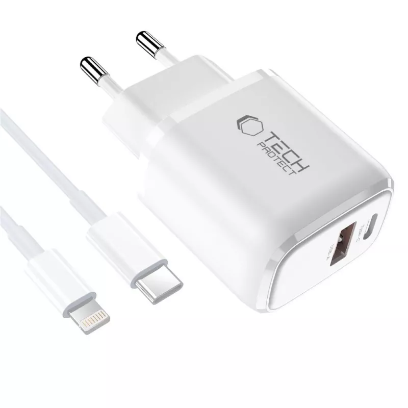 TECH-PROTECT NCA30 2-Port Network Charger PD 30W / QC3.0 + Lightning Cable White