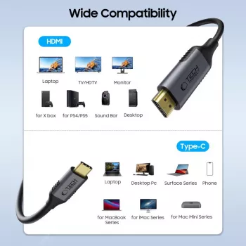 TECH-PROTECT UltraBoost USB-C į HDMI 2.0 laidas, 4K 60Hz, 180 cm, juodas